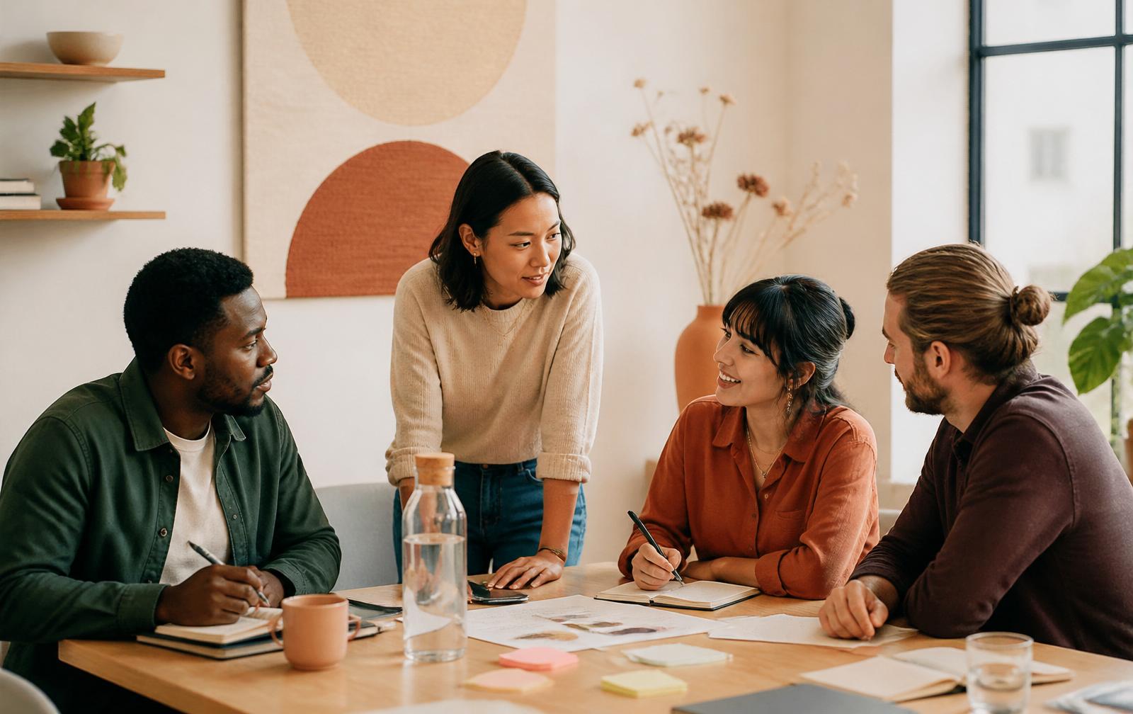 Équipe marketing en réunion de travail autour d'une table